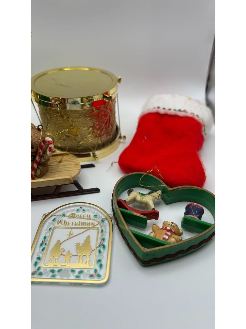 Vintage Christmas Ornament Lot Gold Drum Bear Sleigh Stockings Nativity & More - Picture 2 of 4